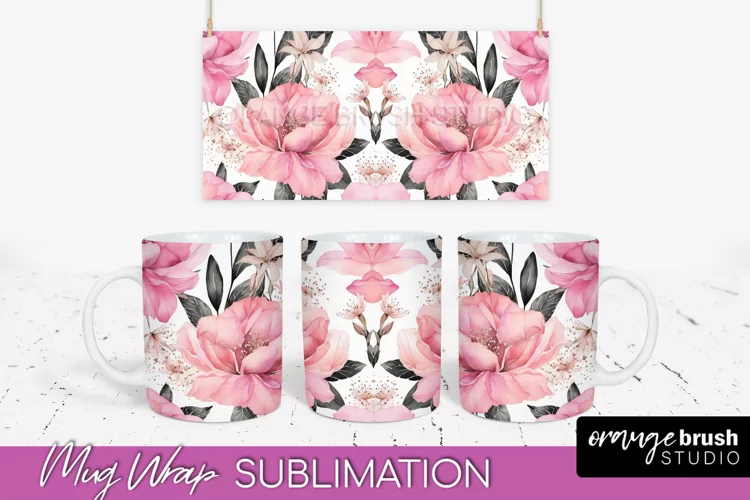 Pink Watercolor Flowers Mug Wrap - Floral Mug Sublimation