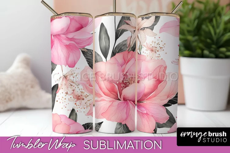 Floral Tumbler Wrap - Pink Flowers Watercolor Tumbler PNG