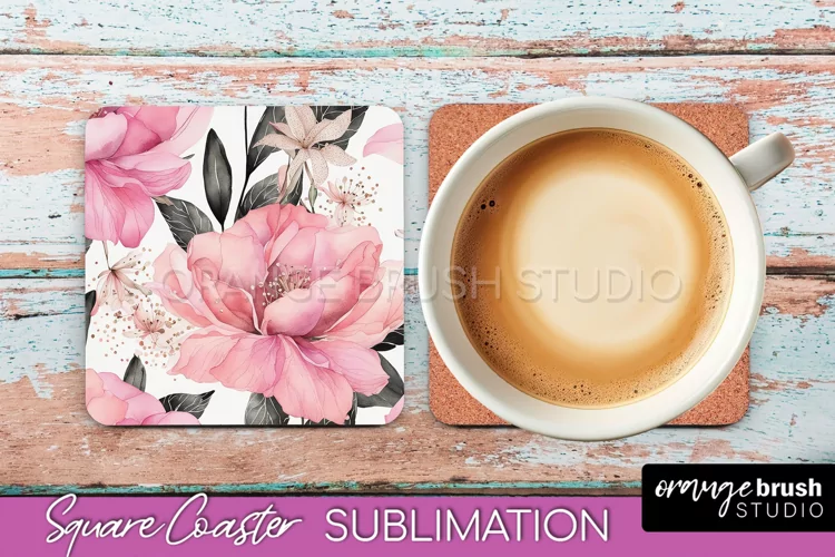 Watercolor Flowers Square Coaster - Floral Pink Sublimation