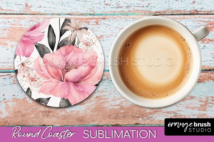 Watercolor Flowers Round Coaster - Floral Pink Sublimation