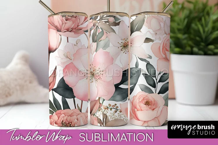 Floral Tumbler Wrap - Pink Flowers Watercolor Tumbler PNG