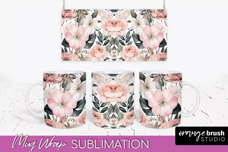 Pink Watercolor Flowers Mug Wrap - Floral Mug Sublimation
