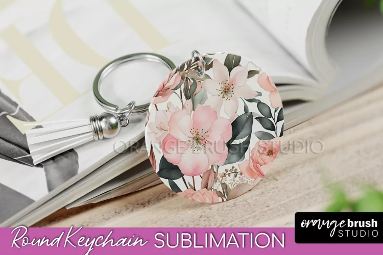 Pink Flowers Keychain, Floral Keychain Sublimation Design