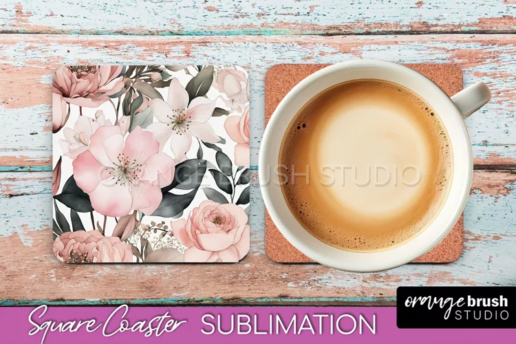 Watercolor Flowers Square Coaster - Floral Pink Sublimation