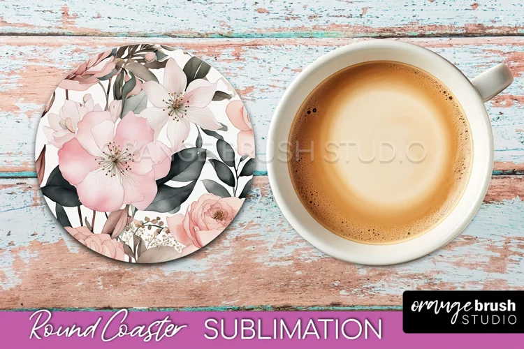 Watercolor Flowers Round Coaster - Floral Pink Sublimation