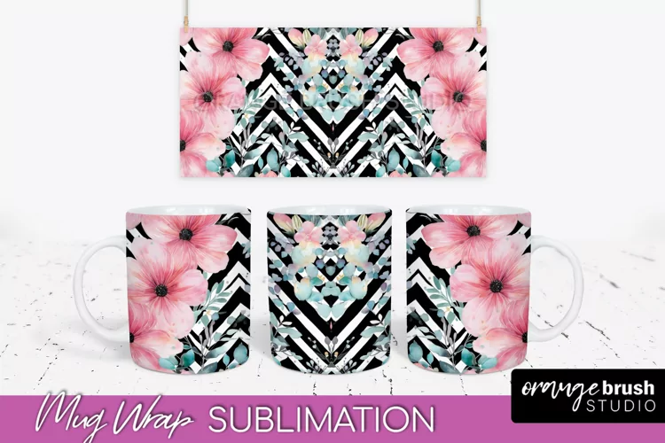 Pink Watercolor Flowers Mug Wrap - Floral Mug Sublimation