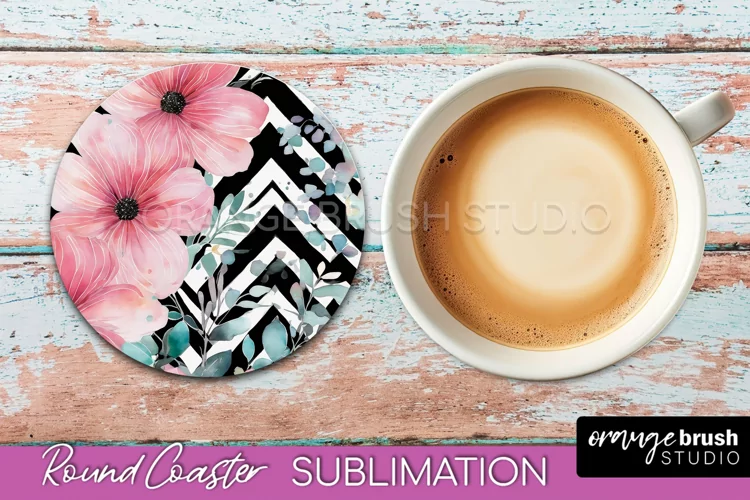 Watercolor Flowers Round Coaster - Floral Pink Sublimation