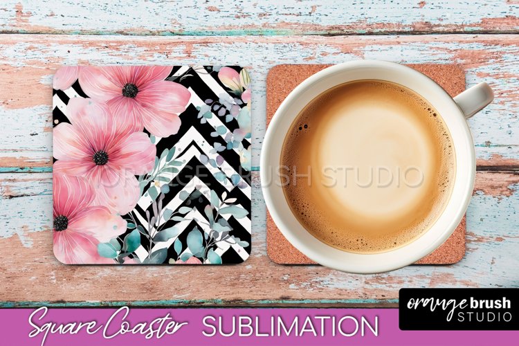 Watercolor Flowers Square Coaster - Floral Pink Sublimation