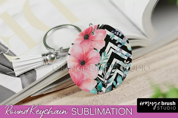 Pink Flowers Keychain, Floral Keychain Sublimation Design