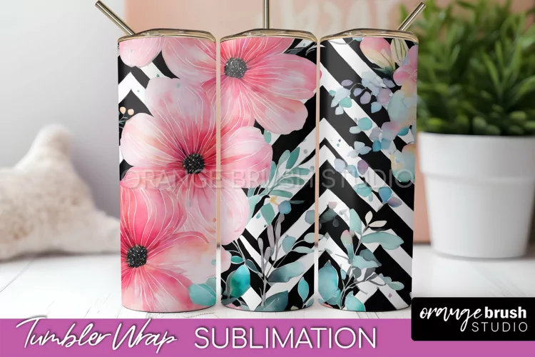 Floral Tumbler Wrap - Pink Flowers Watercolor Tumbler PNG