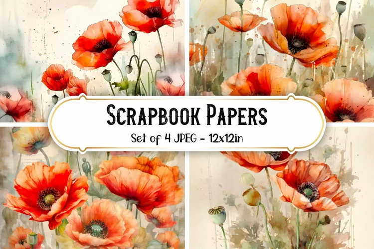 4 Watercolor Poppy Flower Backgrounds, Scrapbook papers