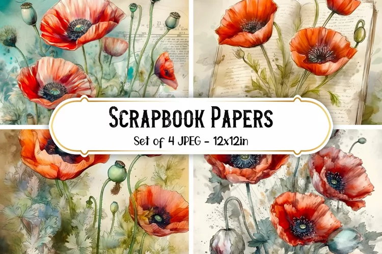4 Watercolor Poppy Flower Backgrounds, Scrapbook papers