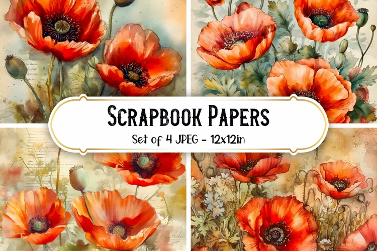 4 Watercolor Poppy Flower Backgrounds, Scrapbook papers