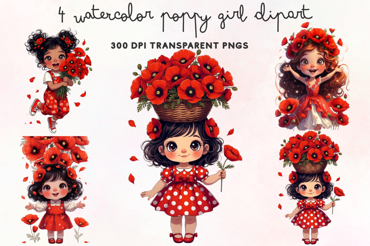 Watercolor Poppy Girl Clipart PNG