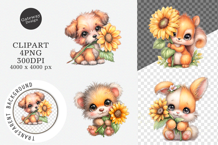 Watercolor Sunflower Animals Clipart