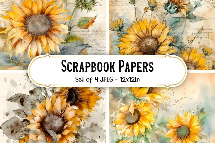 4 Watercolor Sunflower Backgrounds, Scrapbook papers