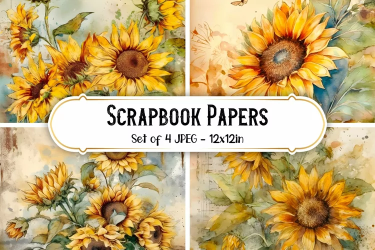 4 Watercolor Sunflower Backgrounds, Scrapbook papers