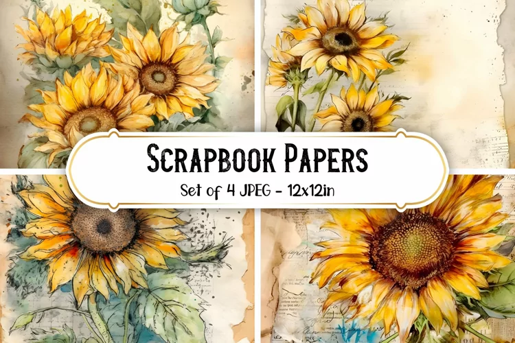 4 Watercolor Sunflower Backgrounds, Scrapbook papers