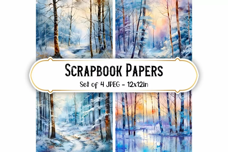 4 Watercolor Winter Forest Backgrounds | Scrapbook papers