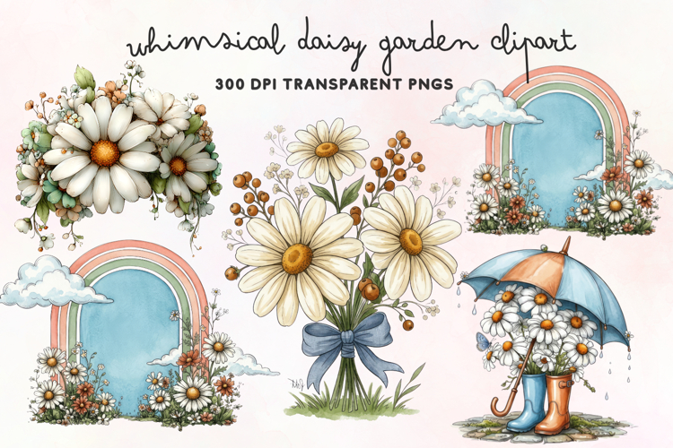 Whimsical Daisy Garden Clipart PNG example image 1