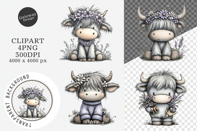 Whimsical Easter Highland Cow Clipart