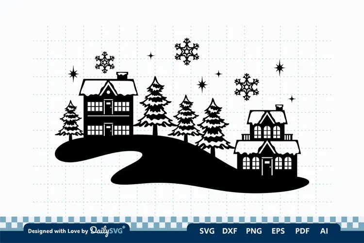 Winter Village Decal SVG | Snowy Christmas Scene Cut File
