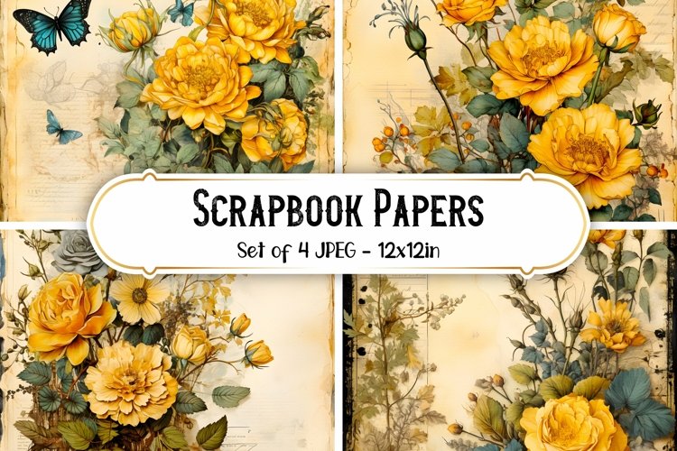 4 Yellow Vintage Rose Paper Backgrounds Scrapbook papers