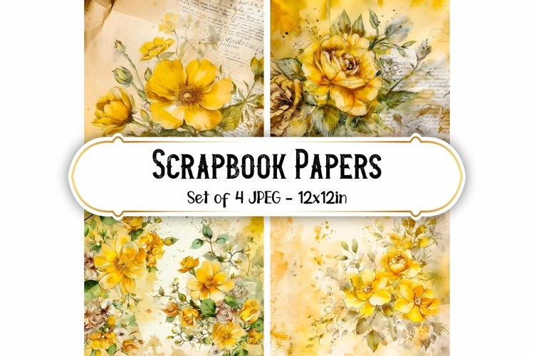 4 Yellow Vintage Rose Paper Backgrounds | Scrapbook papers