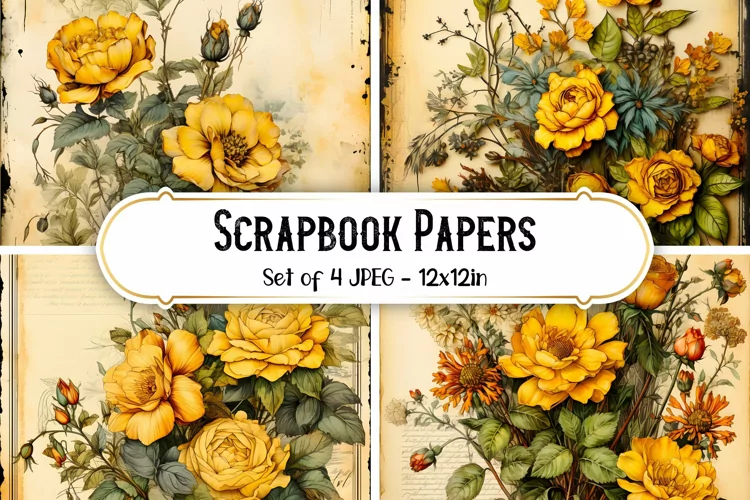 4 Yellow Vintage Rose Paper Backgrounds | Scrapbook papers