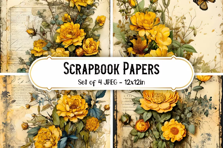 4 Yellow Vintage Rose Paper Backgrounds | Scrapbook papers