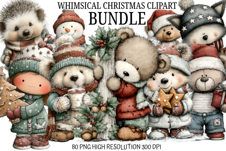 Whimsical Christmas Clipart Bundle | Cute Holiday PNG Set |