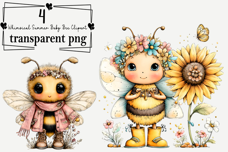 Whimsical Summer Baby Bee Clipart Watercolor PNG example image 1