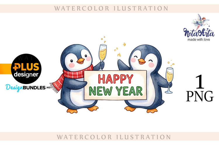 Christmas Penguins in Watercolor Style