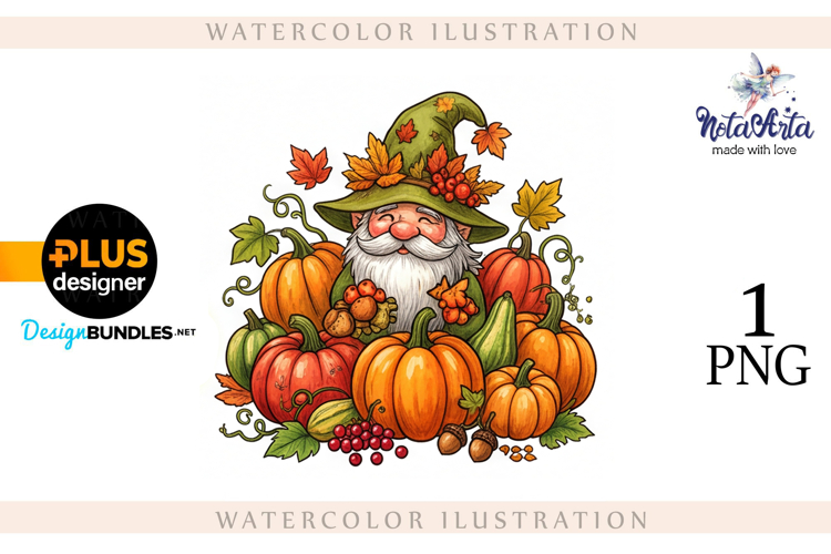 Gnomes with Pumpkin Harvest in Watercolor Style