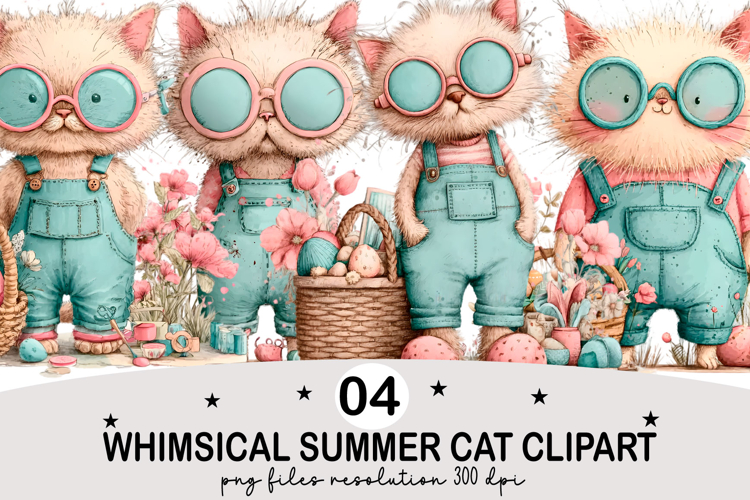 Whimsical Summer Cat Clipart Watercolor png