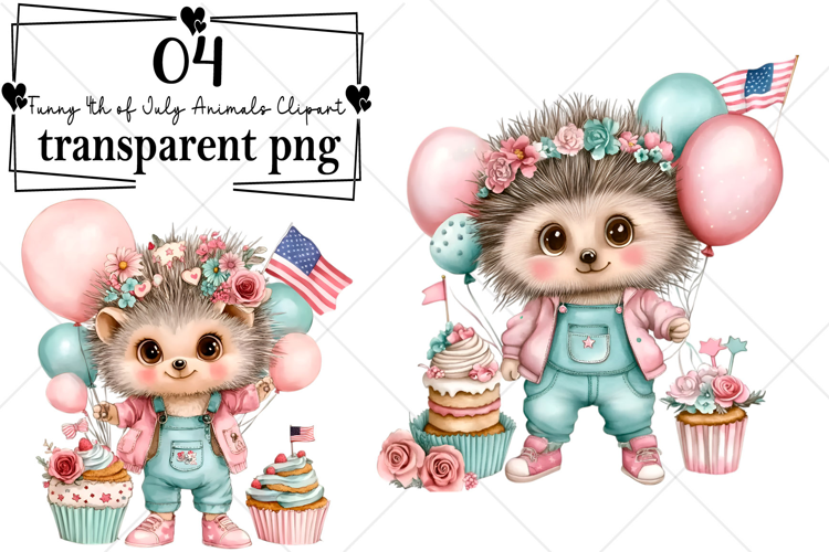 Funny 4th of July Animals Clipart Watercolor PNG