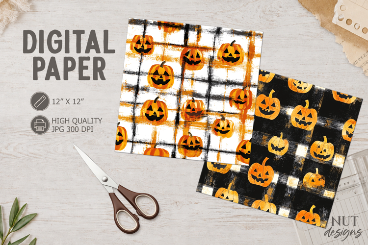 Plaid Halloween Pumpkin Digital Paper Orange Black backdrop