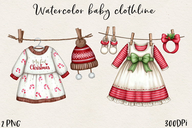 Watercolor Christmas Baby Clothesline Clipart PNG