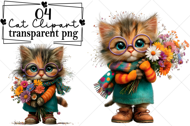 Whimsical Cat Clipart Watercolor PNG example image 1