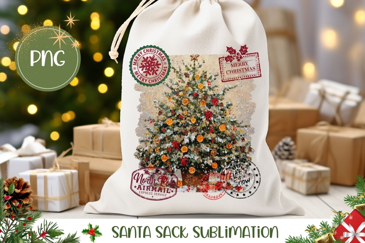 Vintage Christmas Tree Santa Sack PNG, Merry Christmas Bag