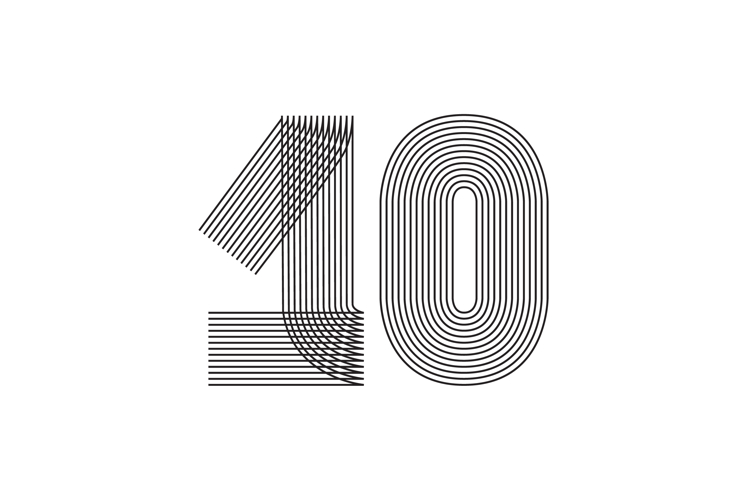 Number ten 10 line art in black thin striped lines isolated