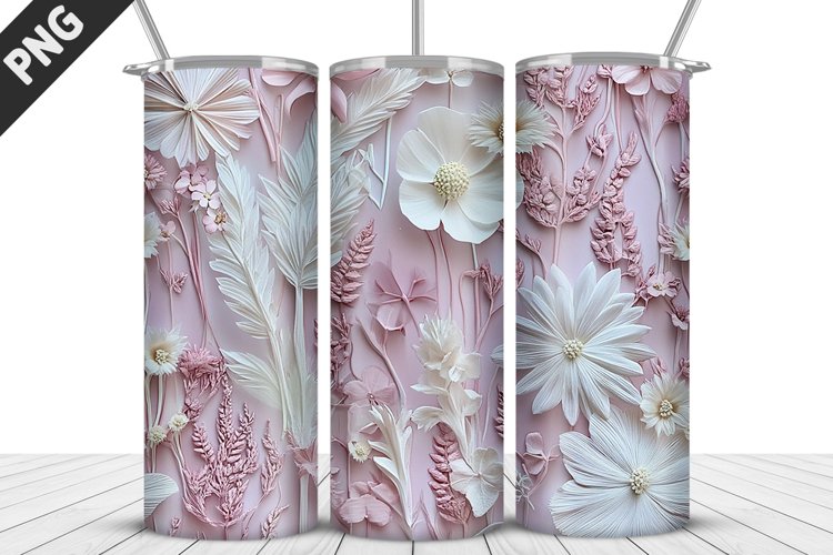 3D White Flowers Tumbler Wrap | Sublimation Design | Tumbler example image 1