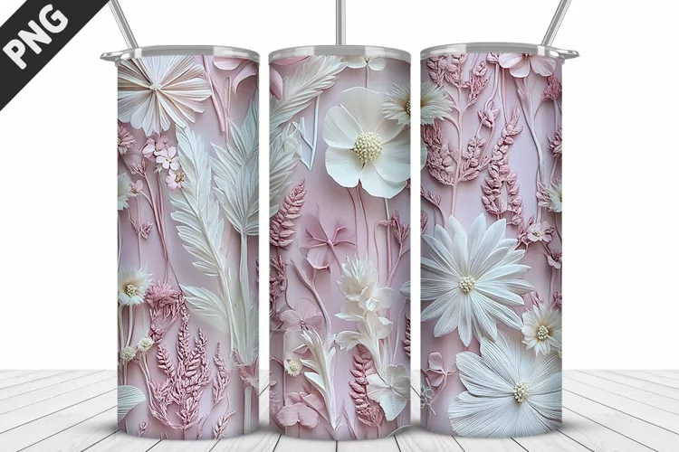 3D White Flowers Tumbler Wrap | Sublimation Design | Tumbler