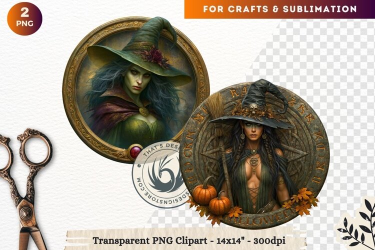 Dark Fantasy Halloween Witches Medallion Clipart sublimation example image 1
