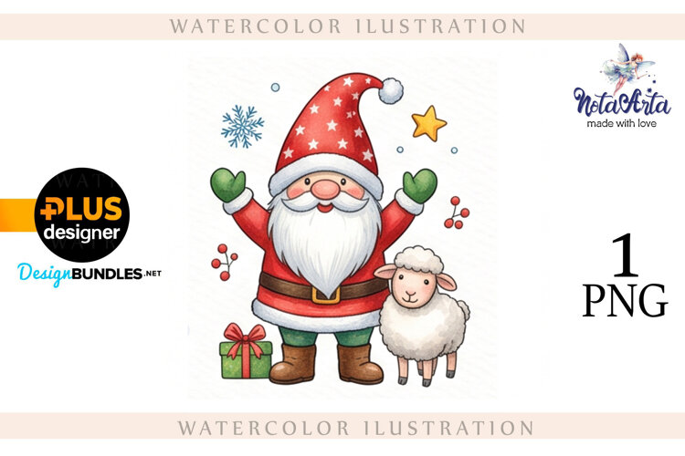 Christmas Gnome Santa with a Sheep in Watercolor Style example image 1