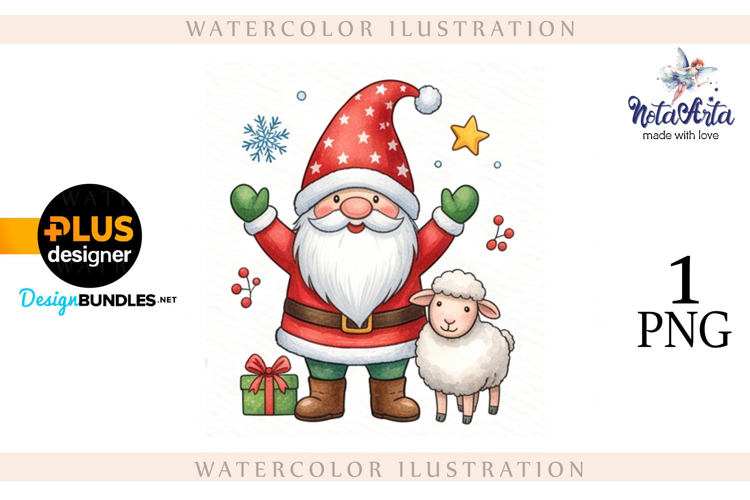 Christmas Gnome Santa with a Sheep in Watercolor Style
