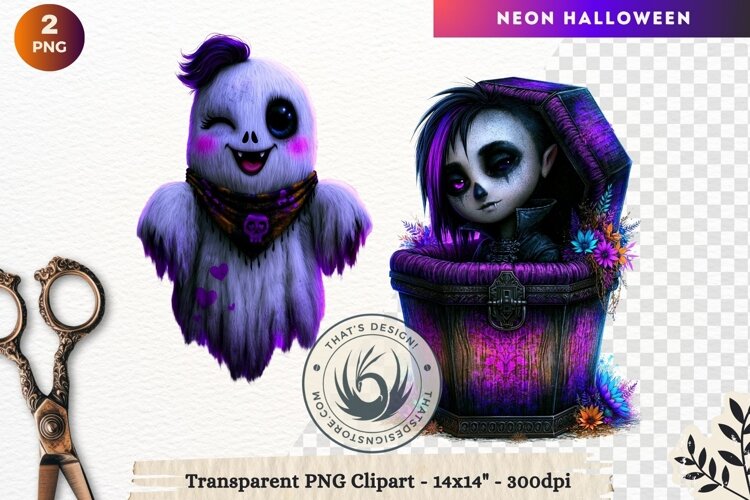 Neon Halloween Character Clipart Spooky Kawaii example image 1