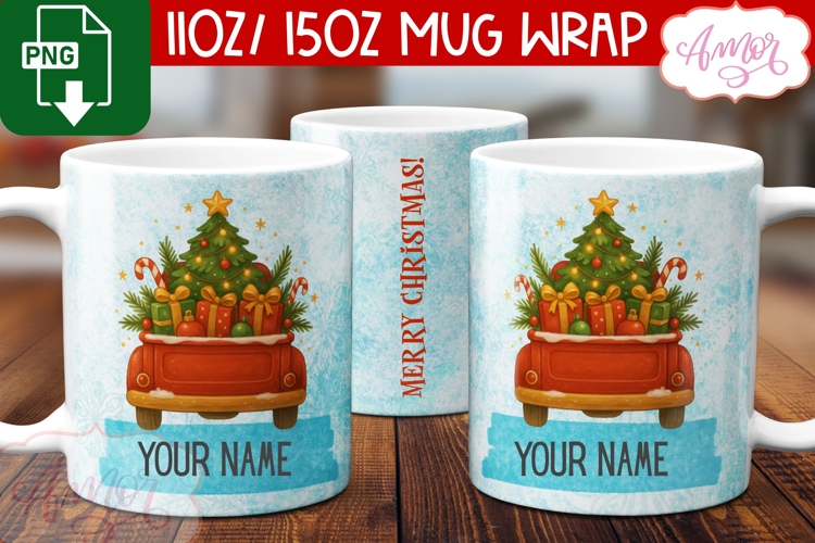 Custom Christmas mug wrap PNG, Christmas truck mug PNG