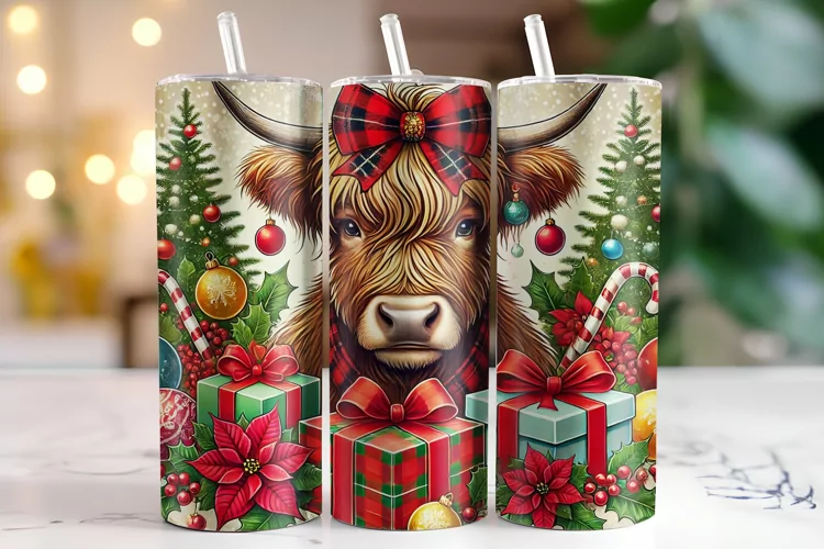 Christmas Highland Cow Tumbler Wrap | Sublimation | Tumblers