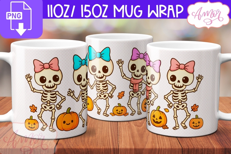 Halloween Season mug wrap PNG, Cute Skeleton mug PNG